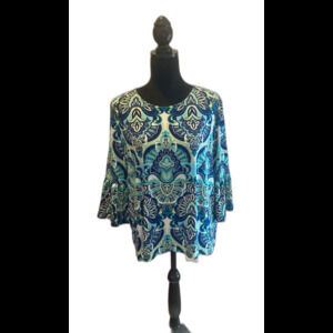 Chico’s Blouse Sz Large Top Blue Green Paisley + Stretch Rounded Neck Casual